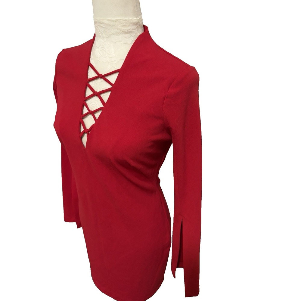 Alexia Admor Red Bodycon Mini Dress~S~Deep Laced V Nk Long Slvs Pin Up Glam Vamp